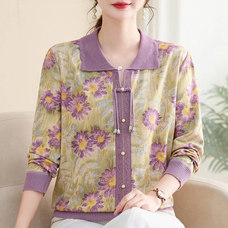 洋气中老年女装春秋长袖翻领打底衫妈妈装T恤小衫