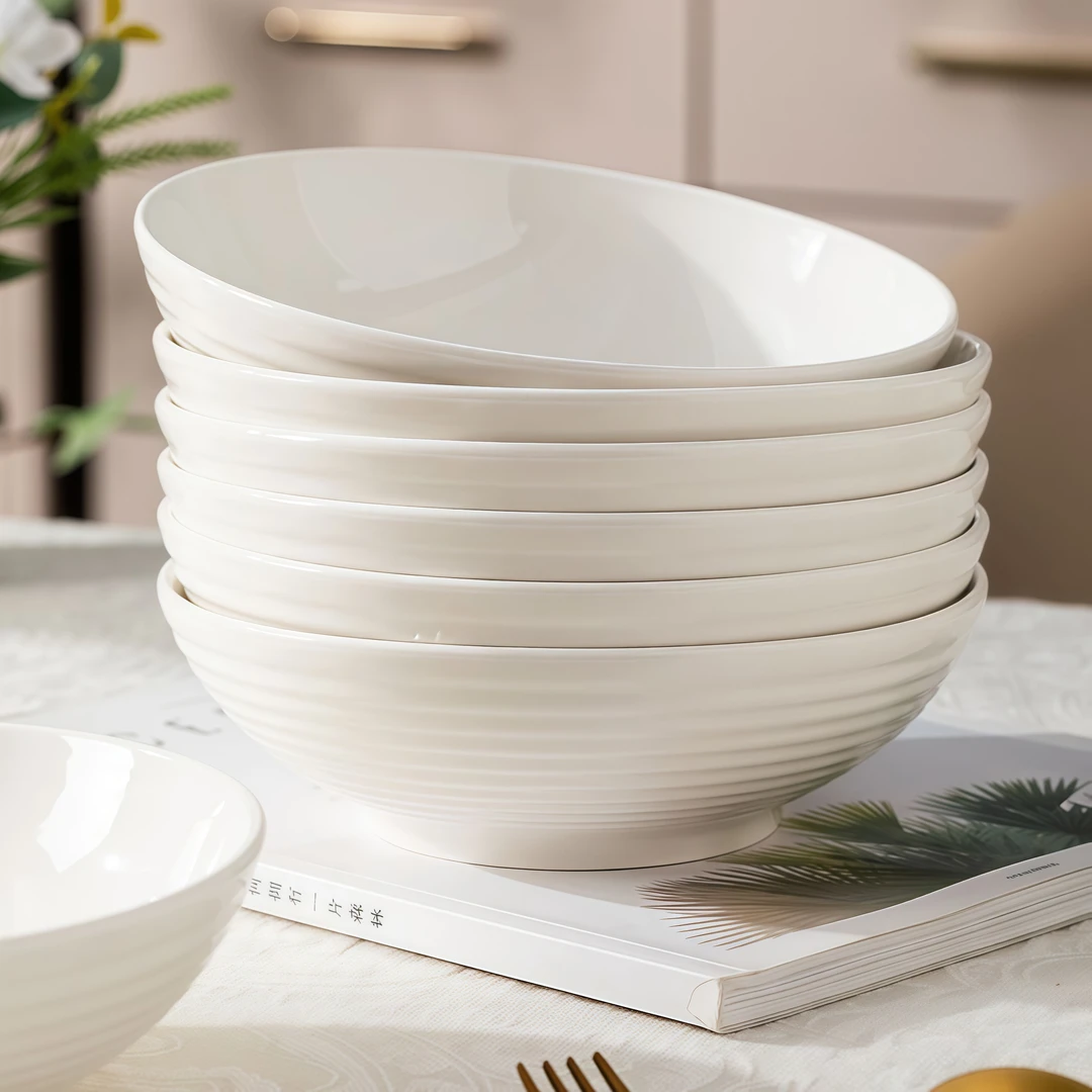 纯白高颜值盘陶瓷餐具菜盘子汤盘子8英寸螺纹深盘2/4个装家用加厚
