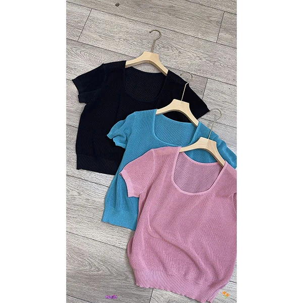 夏款特色方领设计短款针织冰丝T 1008