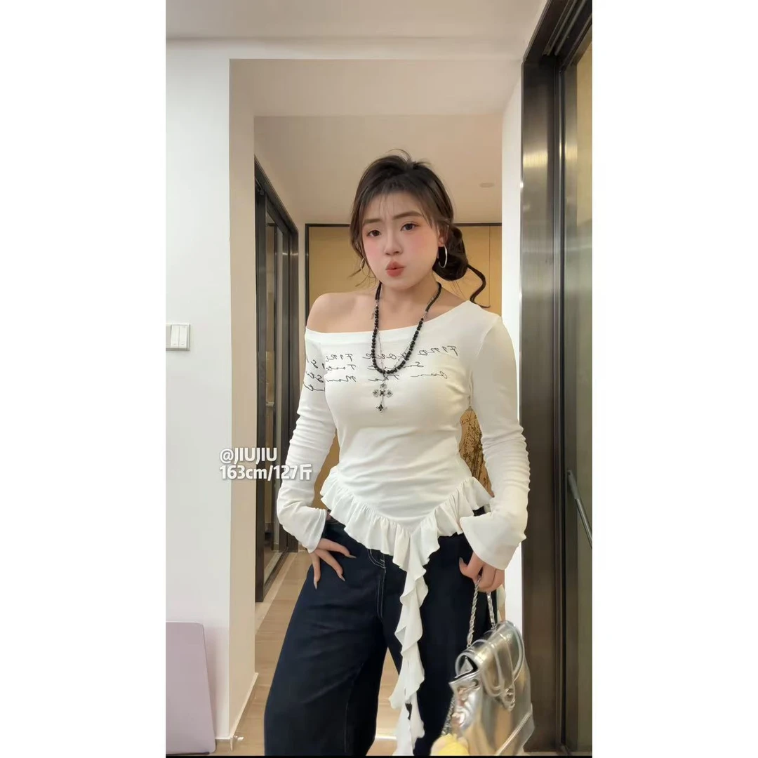 微胖MM荷叶边春夏2025新款长袖辣妹小众露肩设计感上衣