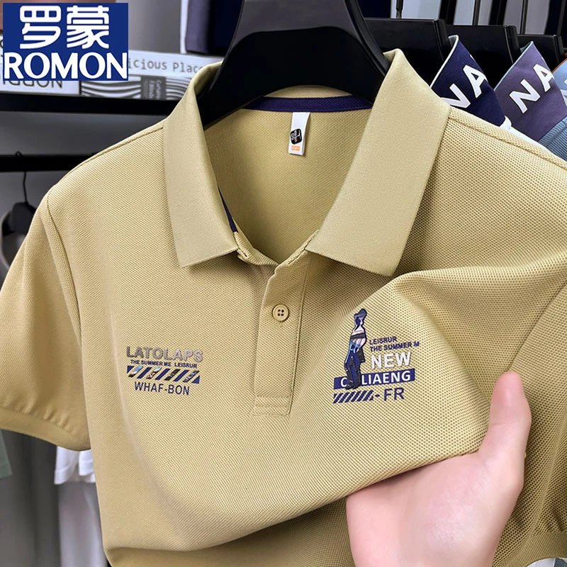 罗蒙2025夏季男士新款潮牌冰丝薄款短袖T恤时尚百搭翻领POLO衫