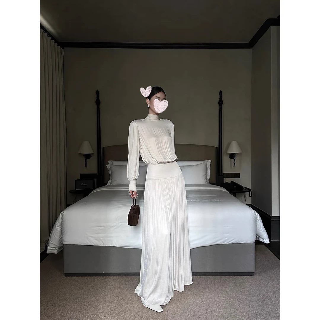 【名媛晚宴】秋冬法式气质名媛风褶皱高领纯色连衣长裙女2118#