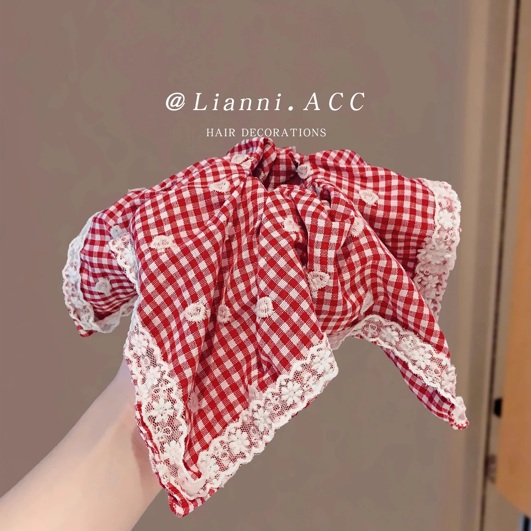 甜美蕾丝格子方巾大肠发圈小众设计感气质韩版马尾头绳百搭发饰女