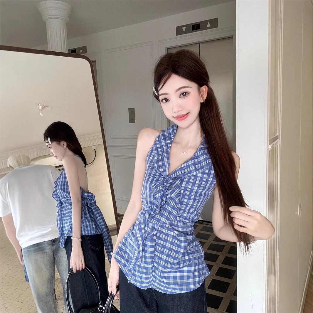 蓝色格纹领挂脖背心上衣+阔腿牛仔裤韩版女装年夏季新款