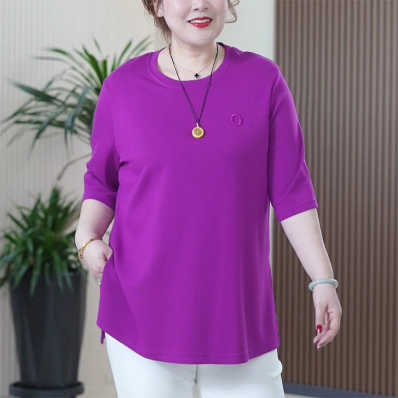 软糯Q弹显瘦刺绣简约侧开叉T恤女文艺简约百搭时尚舒适亲肤上衣潮