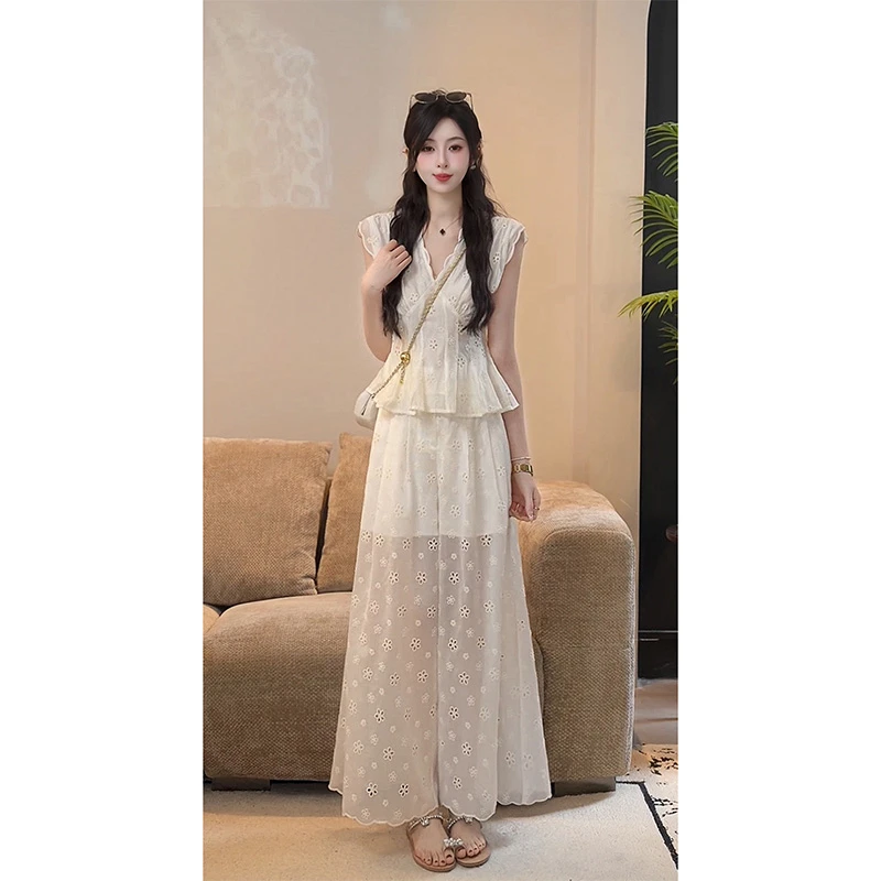 YUANLIANSU/圆脸酥【松茶可可】夏季时尚法式V领衬衫+阔腿裤两件套