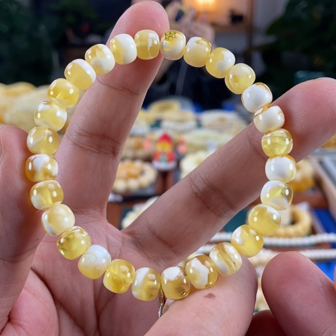 琥珀未镶嵌珠宝奇石8金瓷白老型手串8.19