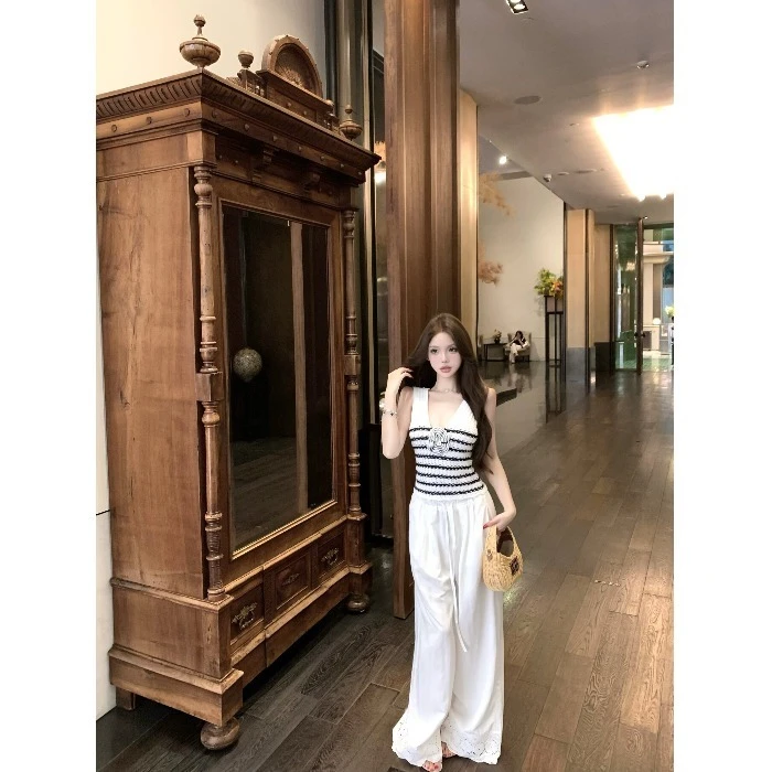 辣妹风设计感条纹花朵针织背心上衣女夏季垂感休闲裤长裤子两件套