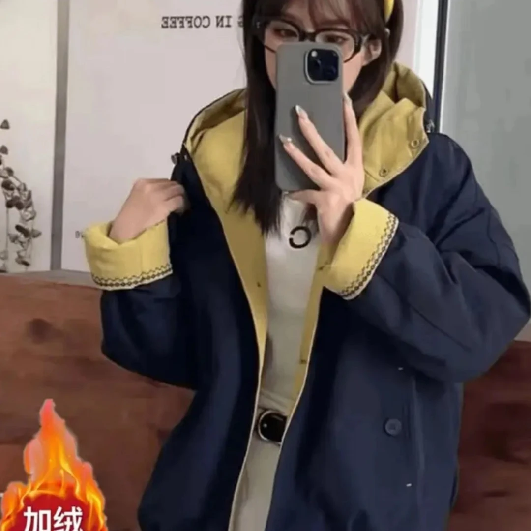 （加绒加厚）冬季新款撞色外套宽松型加绒冬季洋气秋季连帽