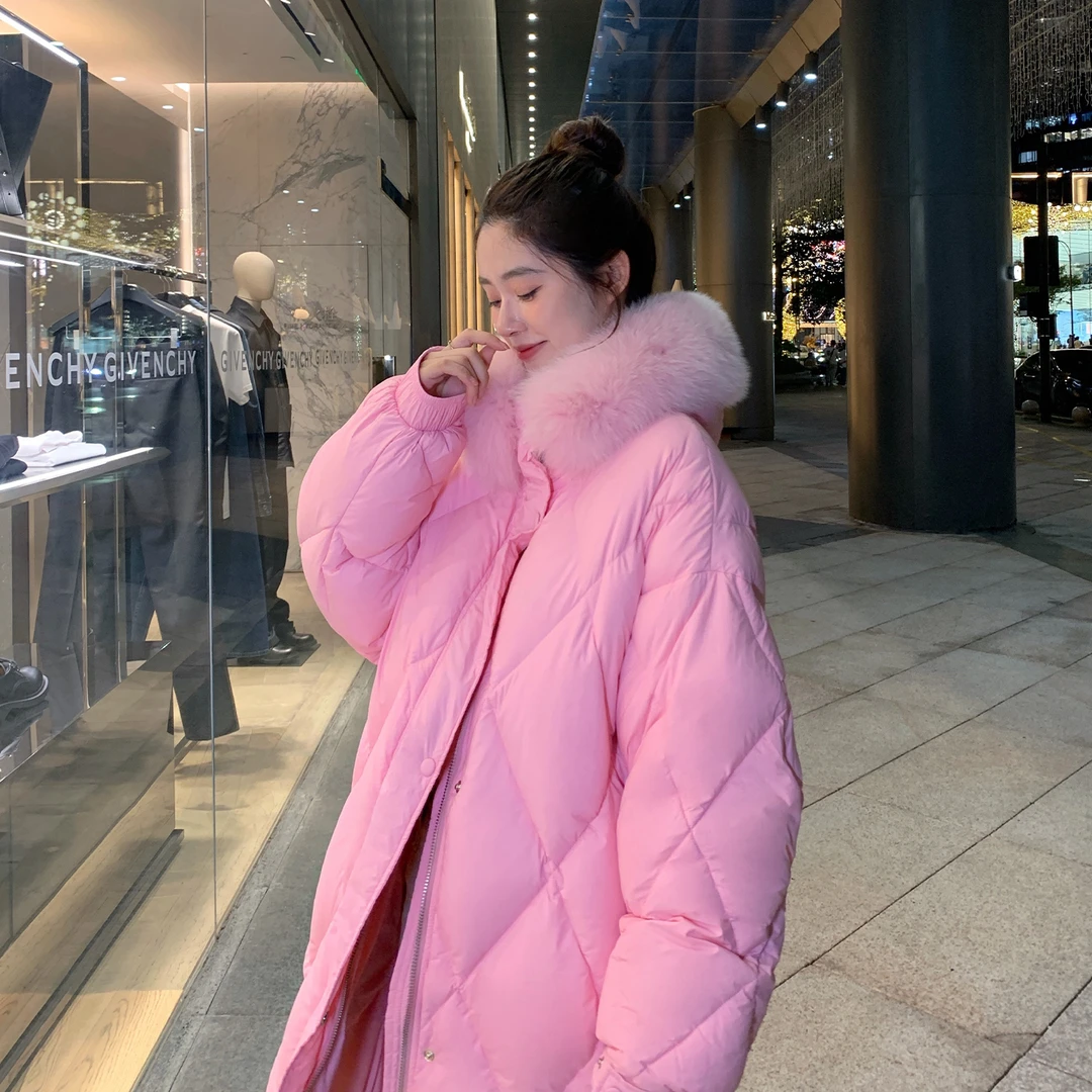 狐狸毛领羽绒服女中长款过膝2025冬季新款连帽宽松加厚保暖外套潮