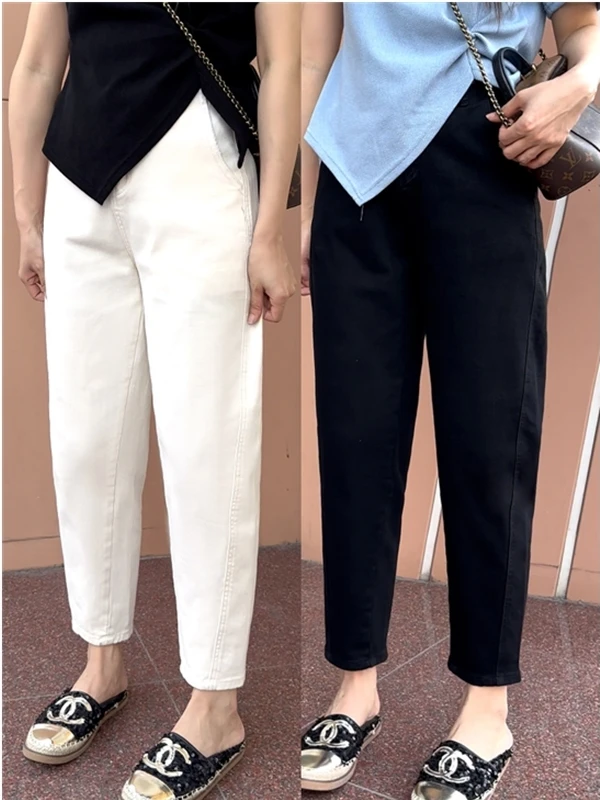 大码高腰哈伦牛仔裤女2025秋冬加绒梨形身材遮胯显瘦九分老爹裤子