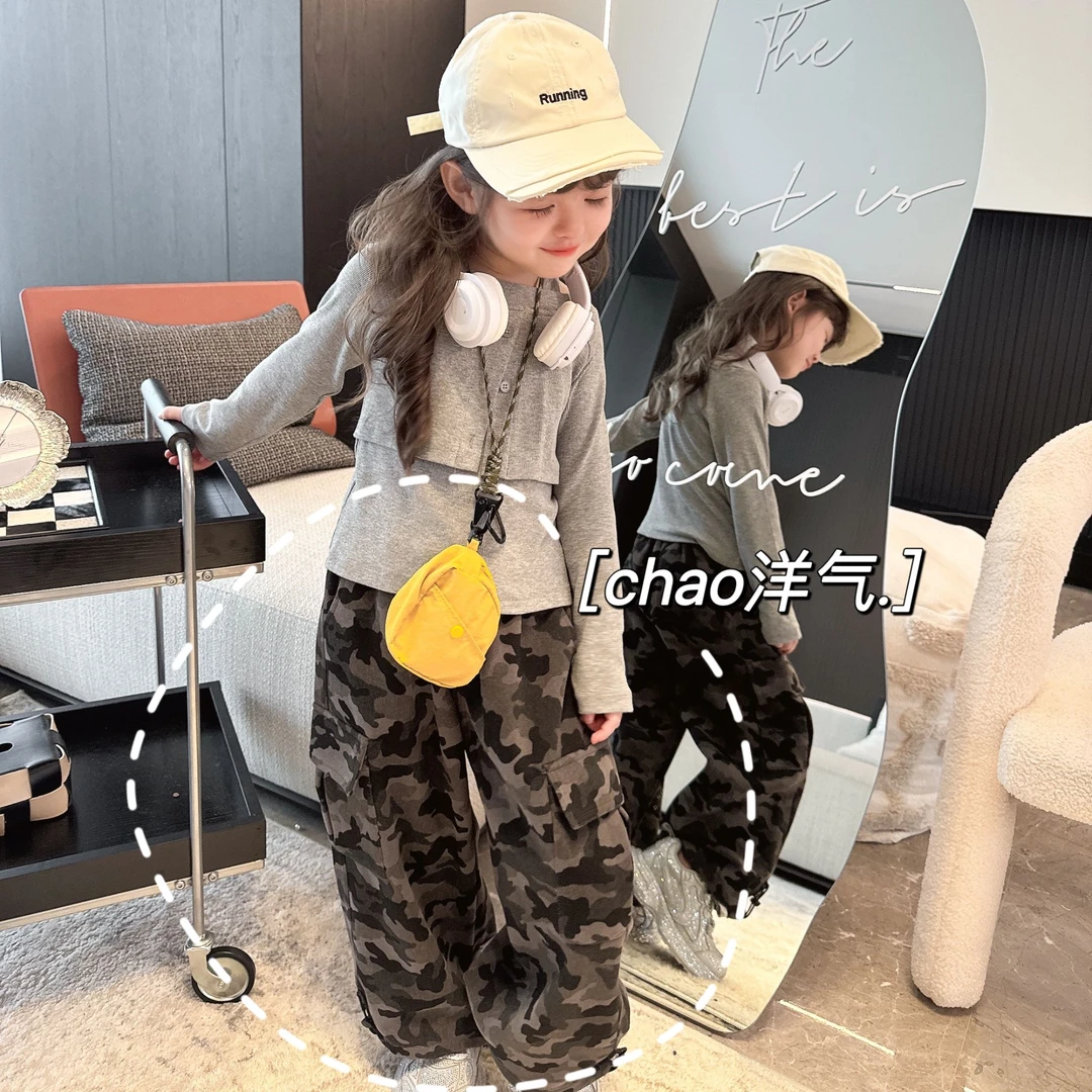 【馒头家】3【现货】酷帅直筒迷彩裤春秋季女童休闲裤百搭洋气时尚