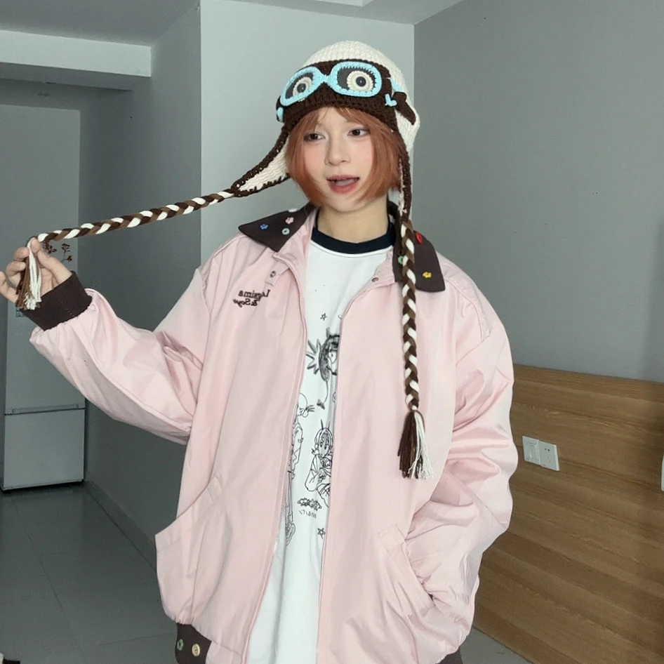 美式潮流撞色翻领拼接情侣夹克男2025春秋季外套上衣女