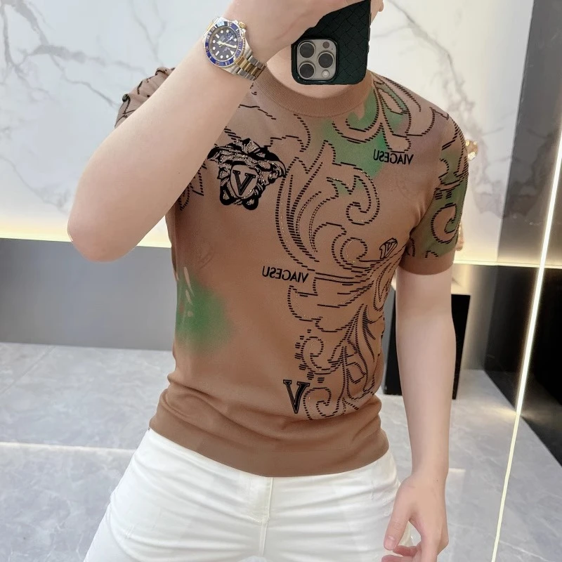 2025欧货轻奢男士针织冰丝短袖T恤时尚百搭夏季半袖上衣烫钻潮036