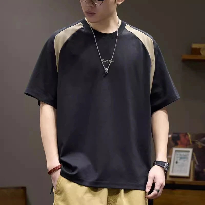 LEIGHZ/雷茨短袖t恤男士简约刺绣上衣男夏季宽松圆领五分袖体恤男