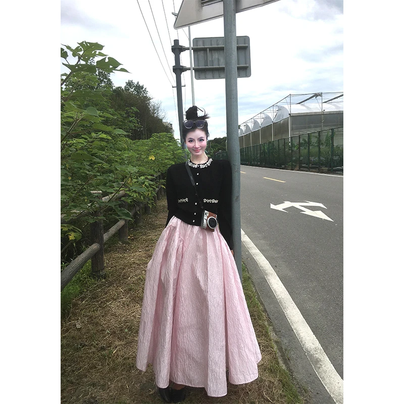 parkyeon秋季新款小香风重工镶钻针织开衫粉色大摆长裙子套装