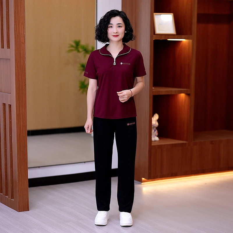 断码清】女士休闲运动套装夏新款中老年妈妈短袖跑步广场舞两件套