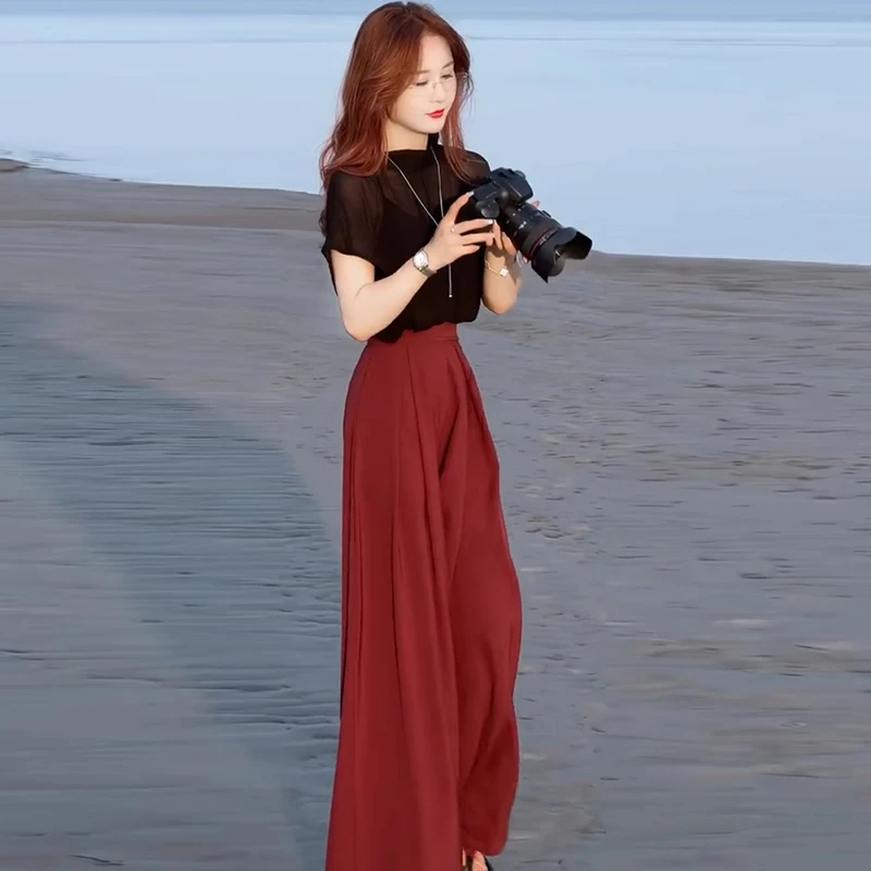 拉夏贝尔时尚气质套装女2025夏季新款轻薄上衣阔腿裤显瘦两件套装