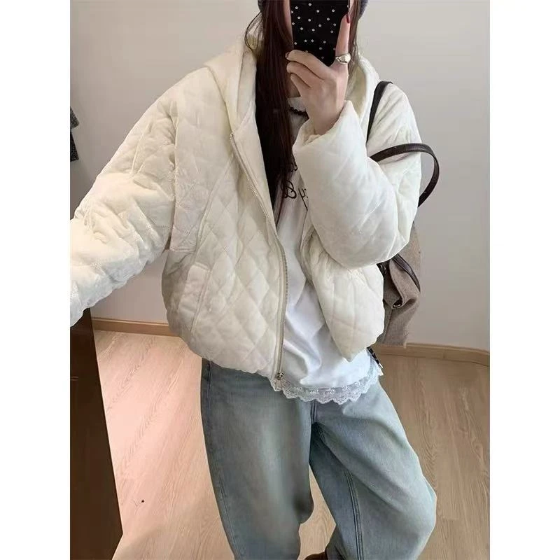 丝绒连帽菱格棉服运动外套 7507