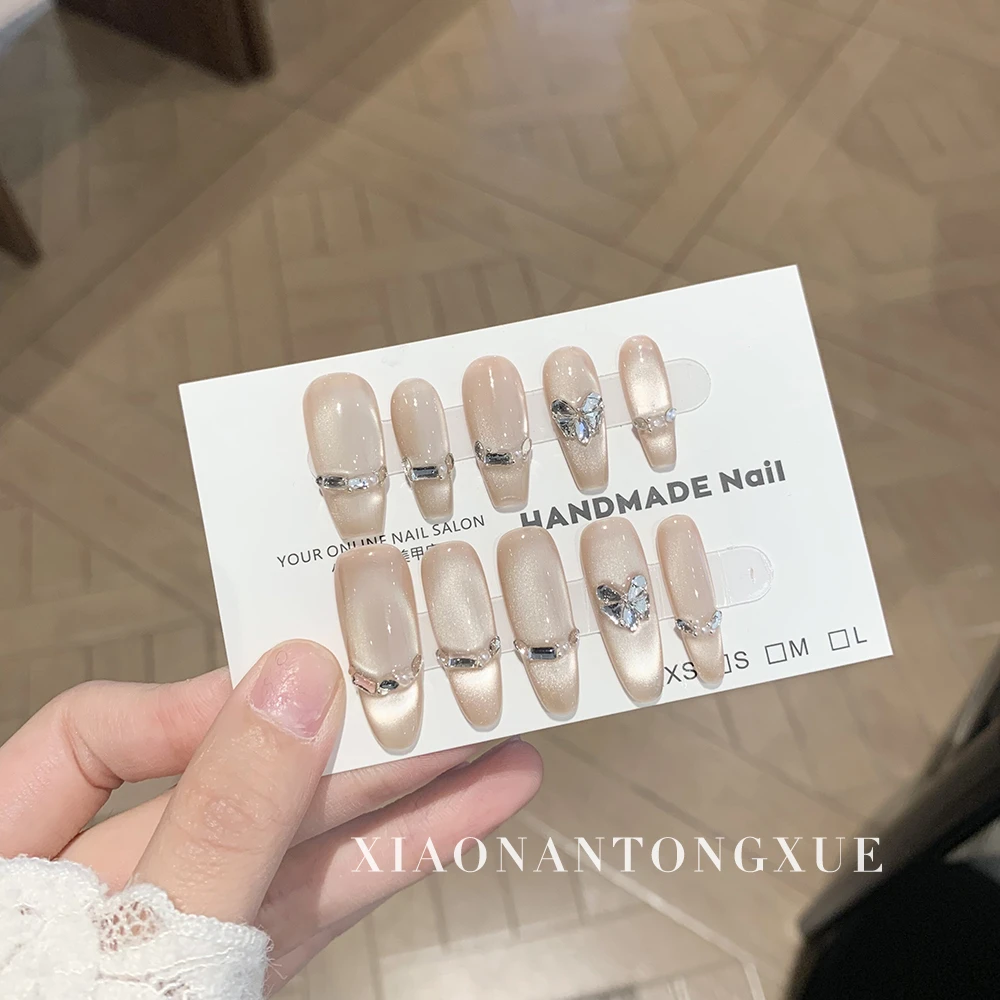 【蝶瞳幻晶】美甲手工穿戴甲闪钻蝴蝶纯色猫眼冰透假指甲贴片