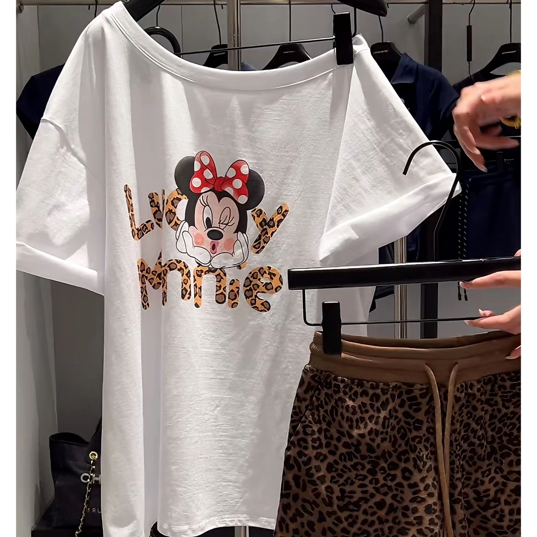 【卡通嘟嘟嘴米妮印花斜开肩T恤】2025小众设计大板宽松短袖上衣女