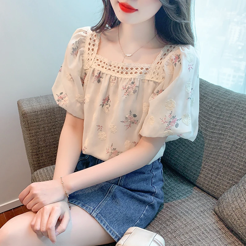 2025夏季新款百搭方领短袖娃娃衫绣花衬衫女上衣夏