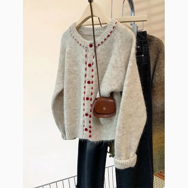 韩系红色翻领圆领气质毛针织衫女2025年秋冬慵懒风高级感软糯上衣