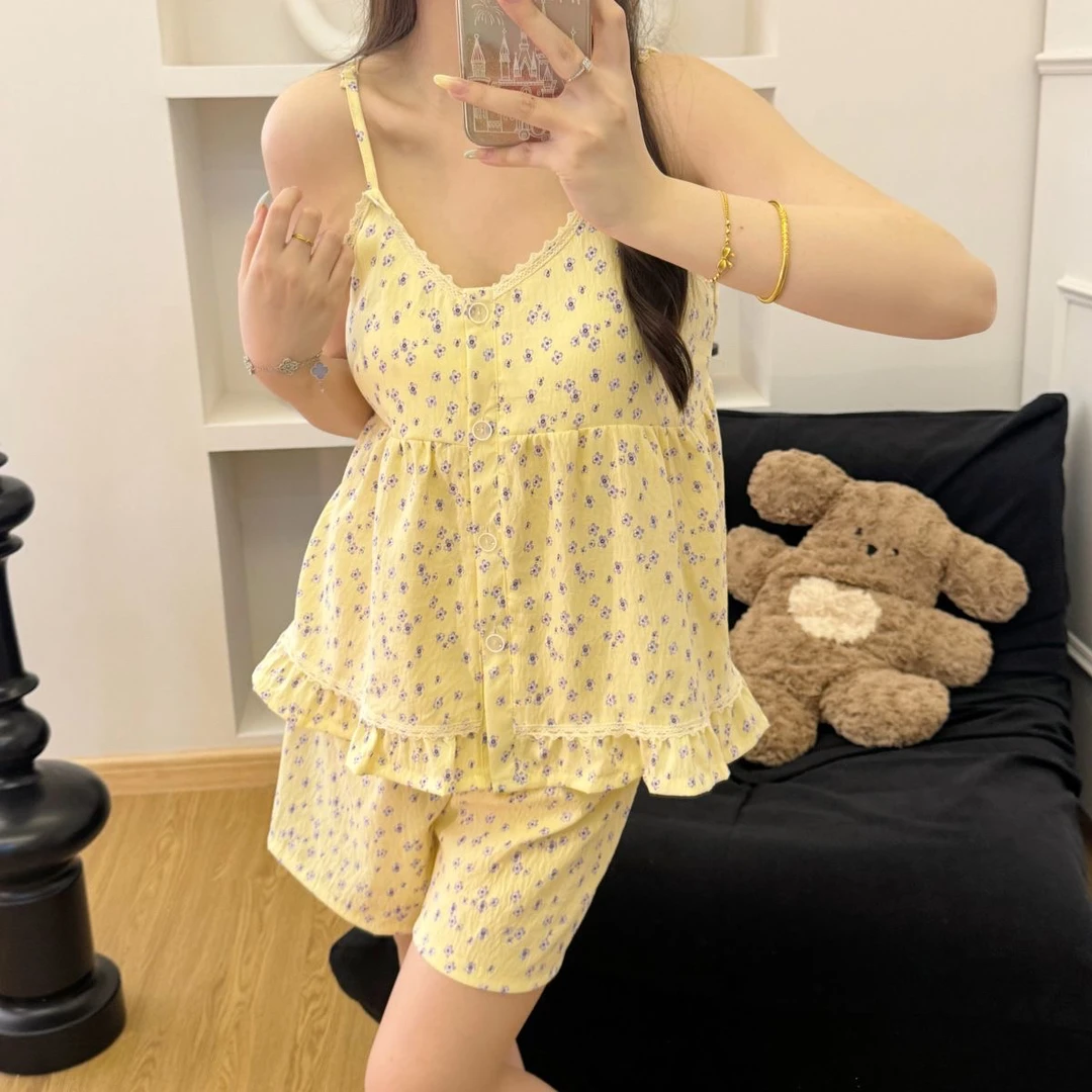 夏日田园风带胸垫吊带睡衣女甜美清新可外穿家居服3件套