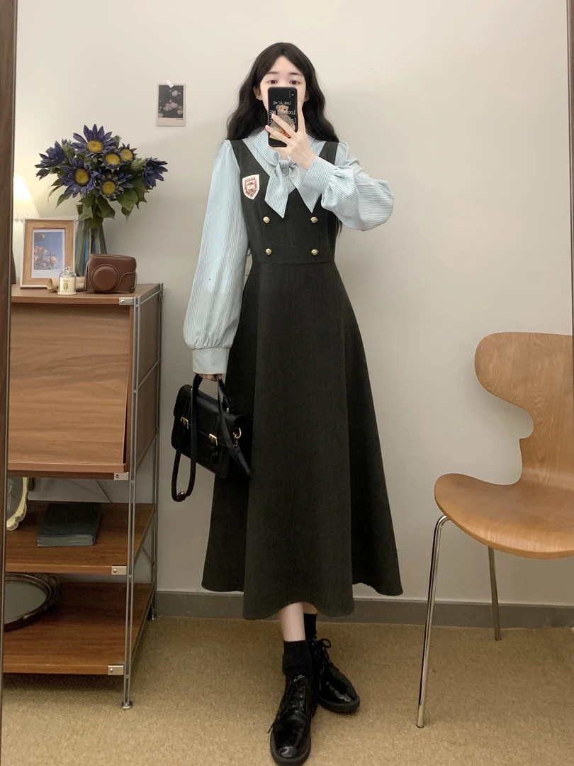 大码女装秋新学院风复古显瘦条纹拼接设计感连衣裙假两件裙子7390