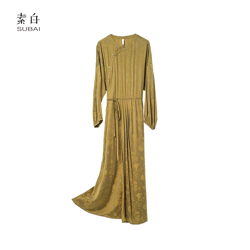 素白【清欢】清冷中式Q01245铜氨丝高级感提花珠扣连衣裙