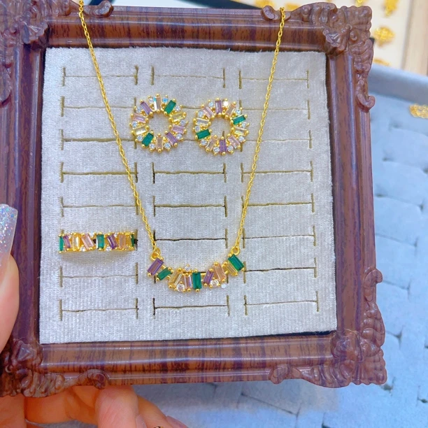 铁合金耳饰 2192新款三件套首饰耳环项链戒指爆款白搭时尚金色铜