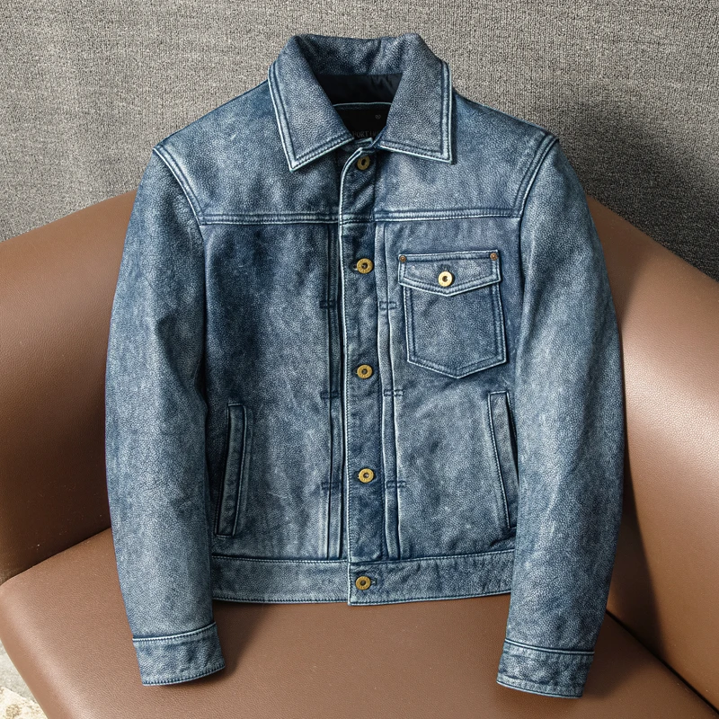 美式506复古石磨做旧 阿美咔叽 牛皮真皮皮衣男牛仔款皮夹克