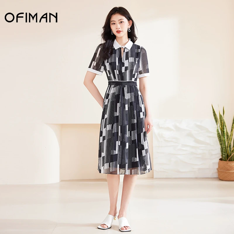 【小熊专属】OfimanPOLO领衬衫式波点几何印花中长款时尚连衣裙