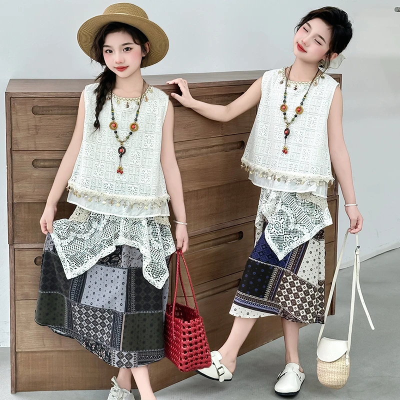 女童波西米亚连衣裙度假夏季儿童半身裙子不规则旅游套装西双版纳