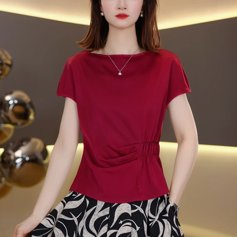 新款夏装缎面短袖T恤女夏季洋气体恤显瘦女士遮肚上衣夏