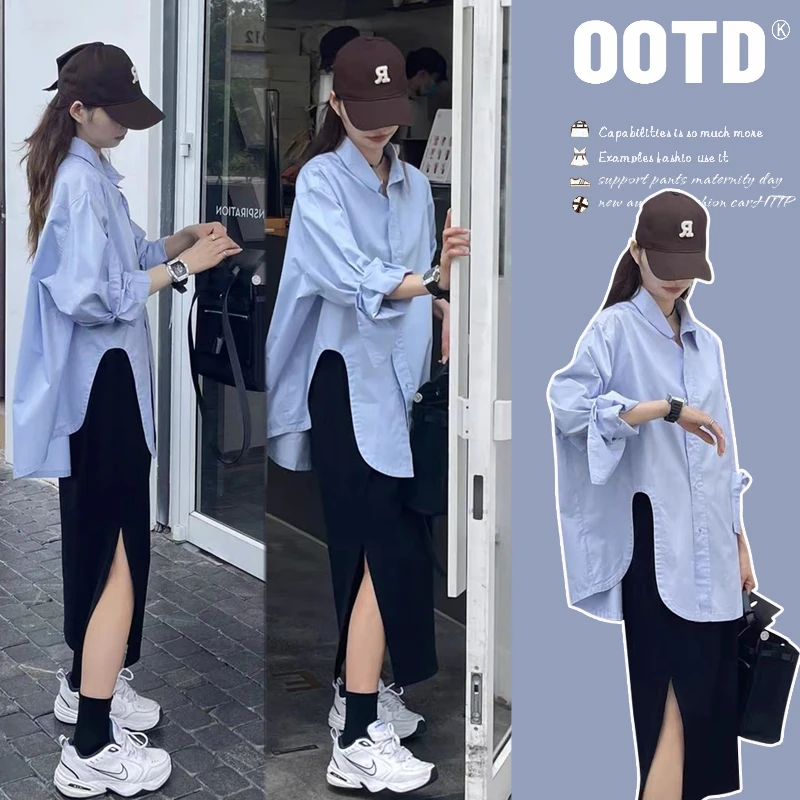 孕妇装秋装新款设计感衬衫上衣搭配宽松开叉连衣裙孕妈外穿两件套