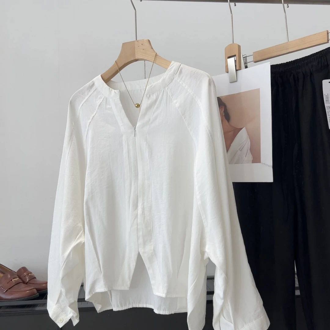 诗黎·诗黎V领开叉长袖衬衫女纯色气质通勤设计感简约小众衬衣秋季