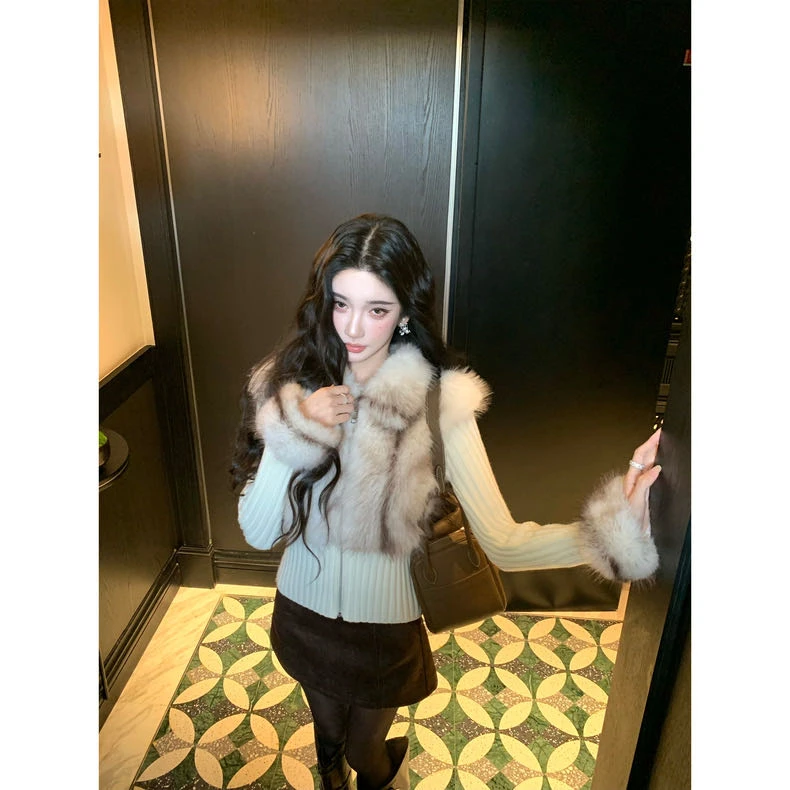 2025秋冬新款时尚高级感假两件拼接毛毛开衫外套配显瘦半身裙套装