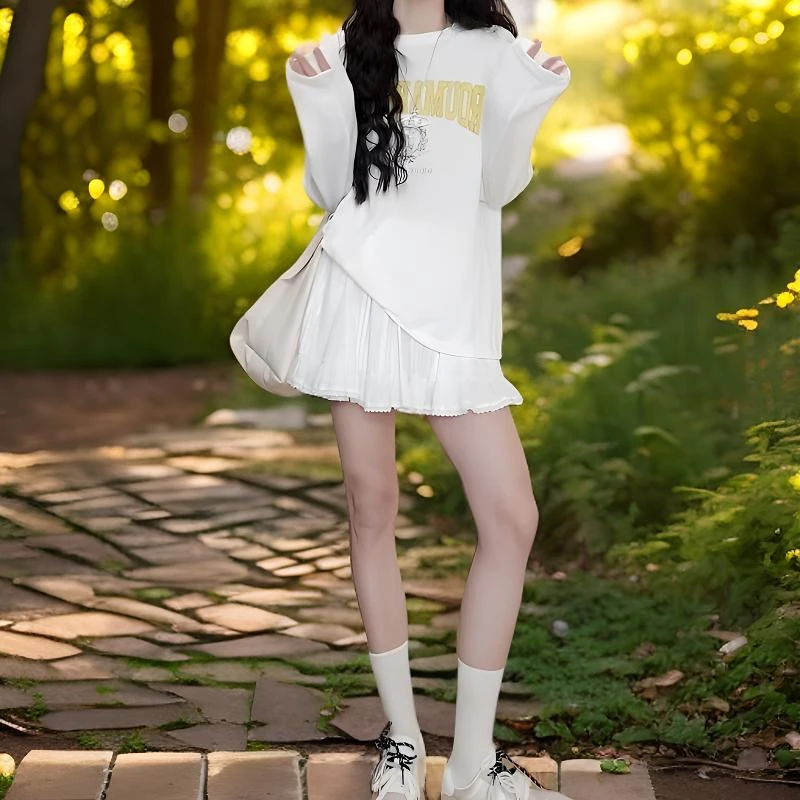 洋气衣服女夏季百搭字母长袖防晒上衣T恤花边蛋糕短裙气质套装女