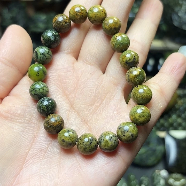 蛇纹石玉未镶嵌珠宝半成品藏玉药王石金蛇纹1.0手串