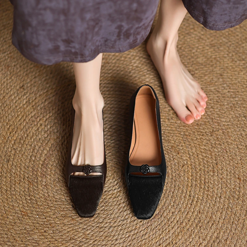 羊皮3公分简单复古单鞋女新款浅口方头低跟马毛小皮鞋乐福鞋