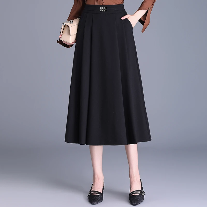 松紧腰半身裙女春夏百褶裙垂感中长款高腰A字遮跨显瘦气质大摆裙