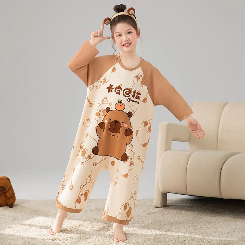 女童连体睡衣春秋季纯棉长袖小女孩防踢被大童护肚儿童睡袋家居服