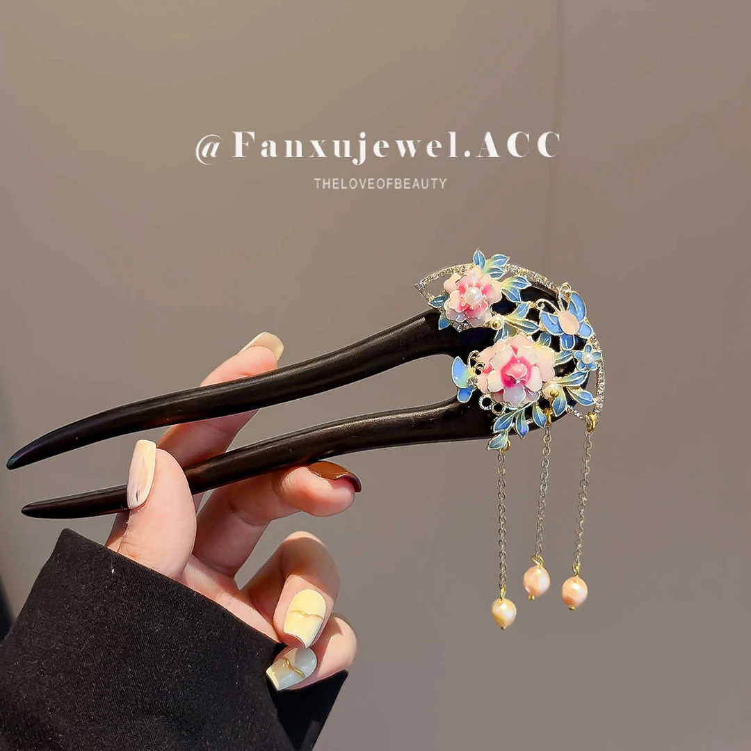 珐琅彩牡丹花檀木发簪女高档宫廷风盘发簪子珍珠流苏步摇发钗礼物