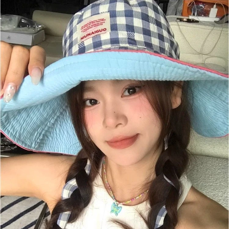 韩版格子渔夫帽女夏季新款双面可戴大帽檐遮阳防晒户外沙滩甜美C1