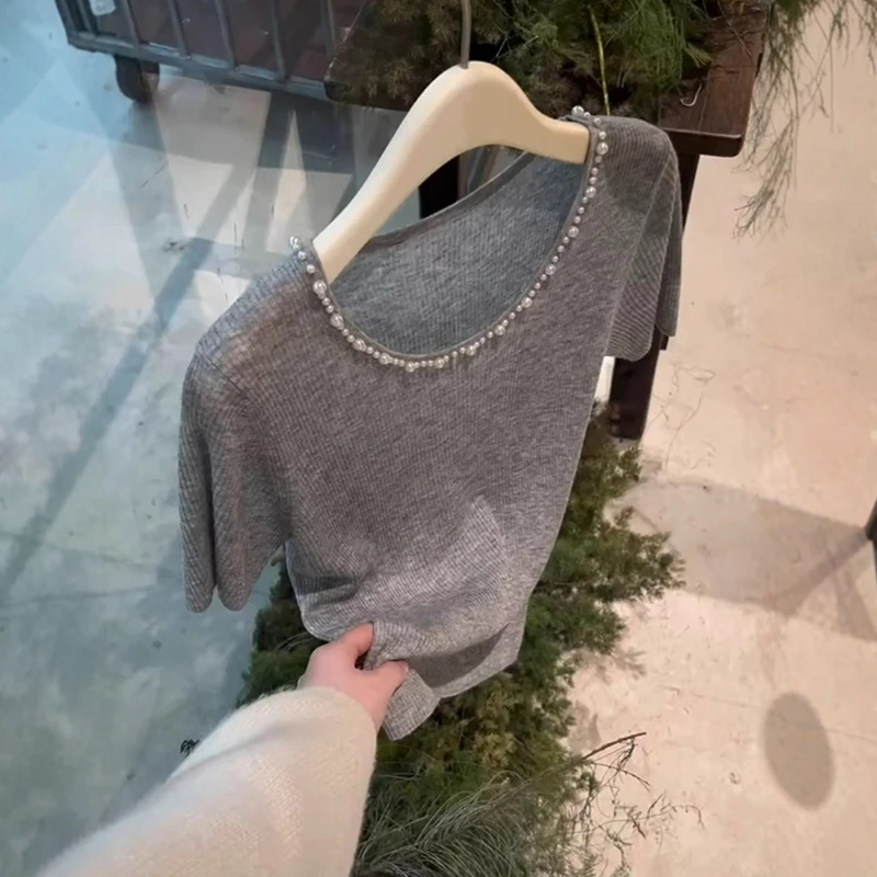 韩系chic别致灰色重工钉珠针织冰丝短袖t恤女夏季独特超好看上衣