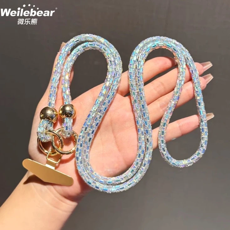 高级奢华手机挂绳时尚斜挎挂链吊绳炫彩镶钻壳带金属垫片防丢吊绳