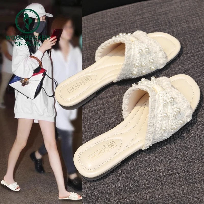啄木鸟小香风优雅珍珠一字拖鞋女夏2025新款法式外穿平底时尚凉拖