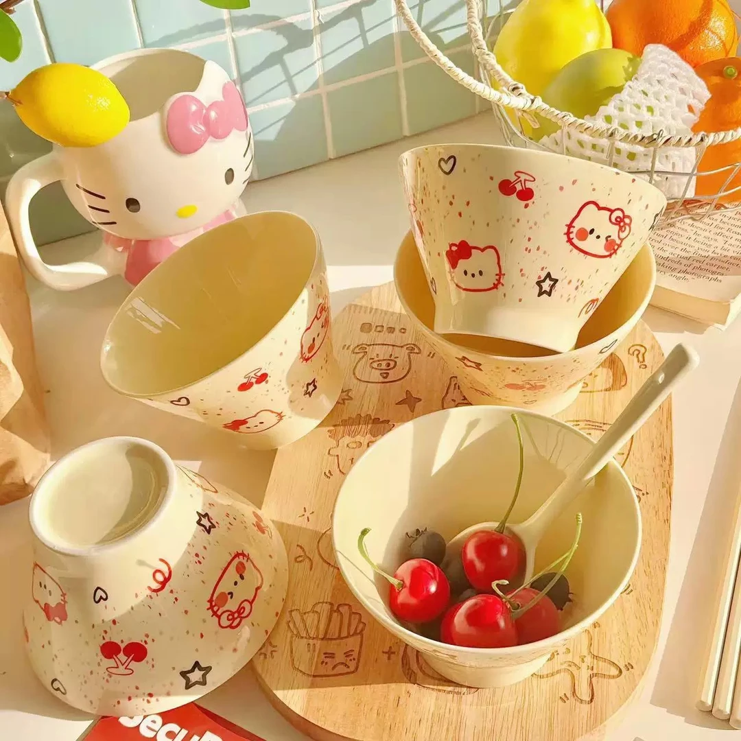 森系卡通沙拉碗水果创意卡通动漫碗盘色釉彩绘网红碗家用米饭碗