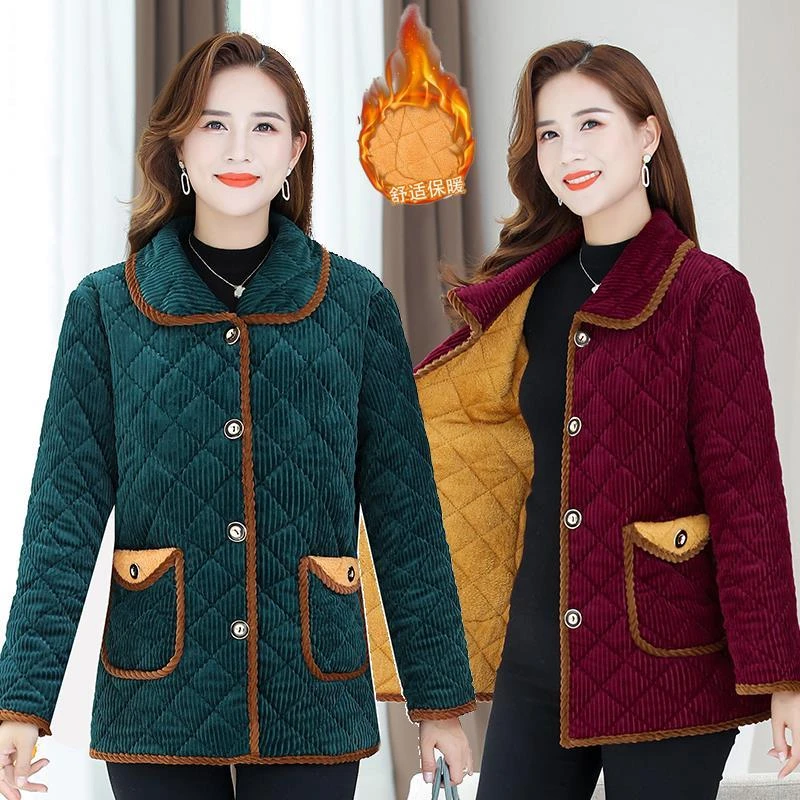 妈妈冬装加绒加厚棉衣短款保暖灯芯绒棉服大码中老年女装棉袄外套